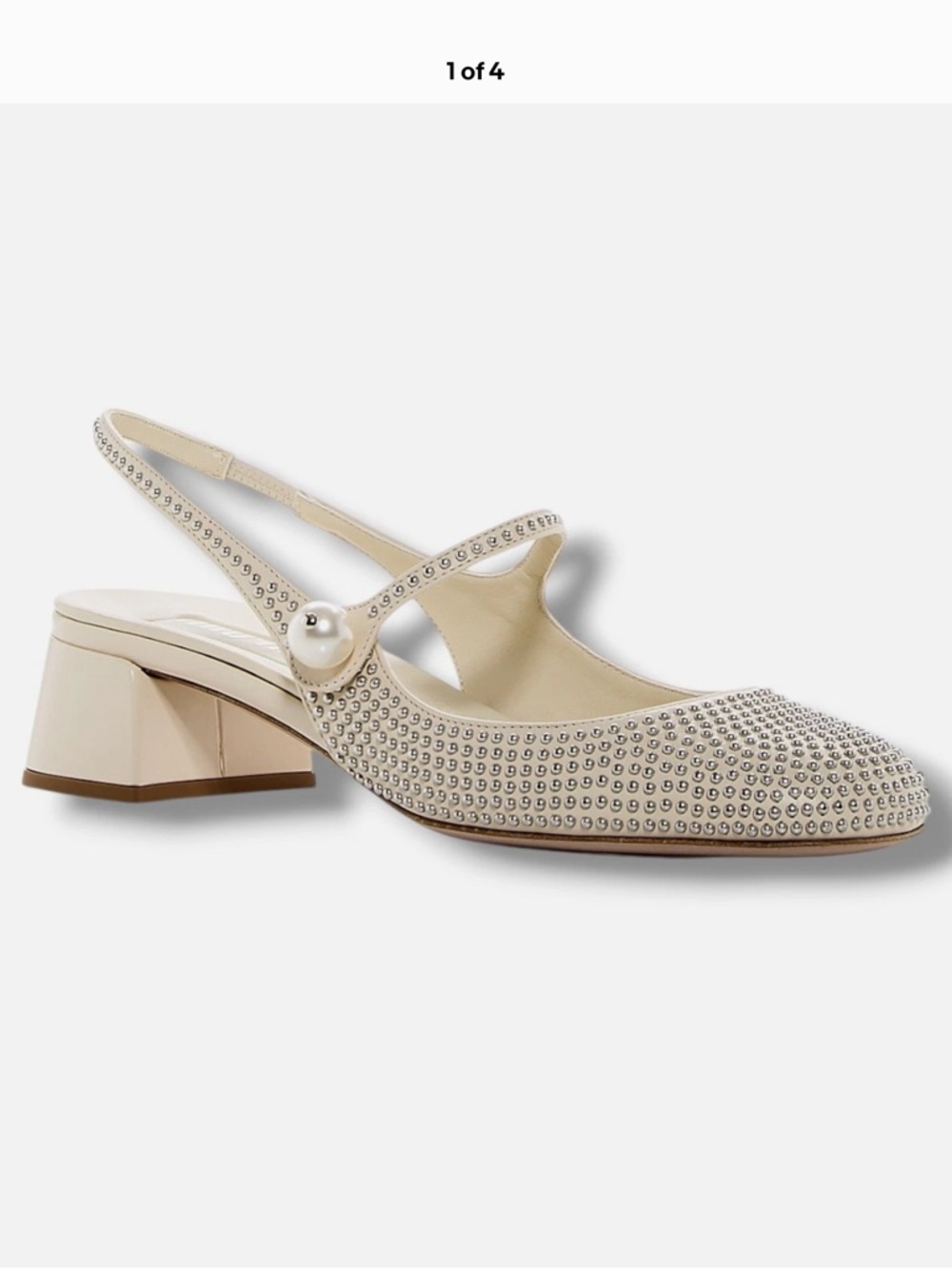 Miu Miu Cream Pearl-Button Slingback Studded Block Heel Mules